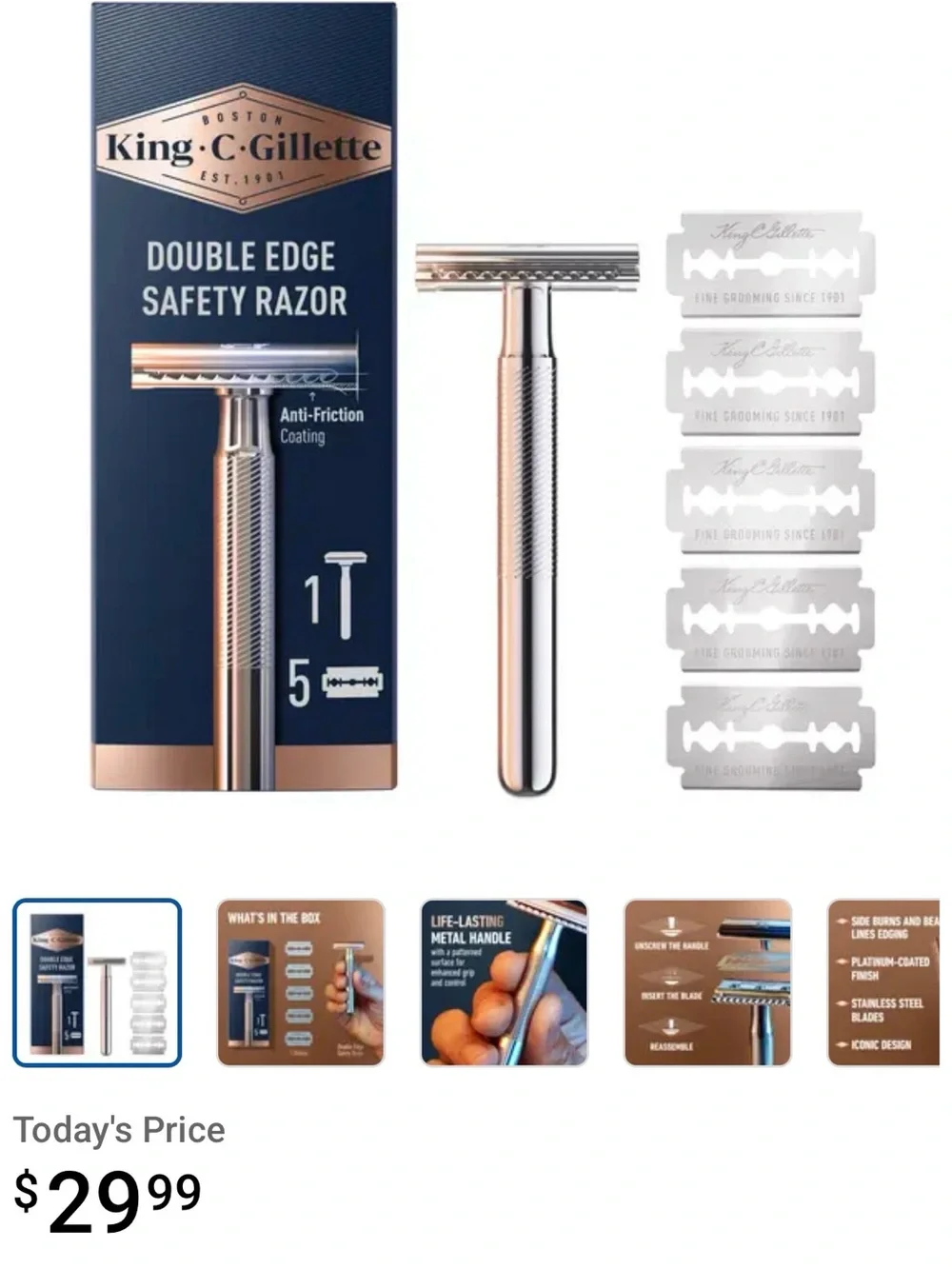 King C Gillette | Safety Razor Anti-Friction Edging Metal Handle NO PLASTIC NWT
